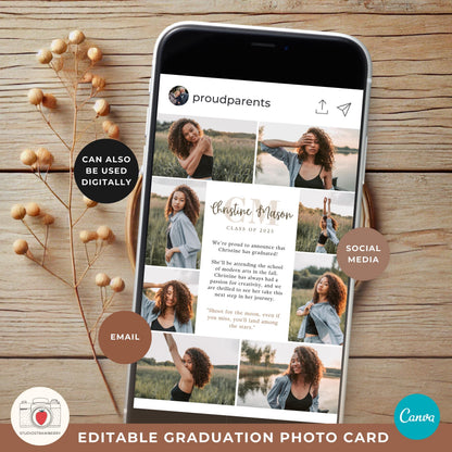 Canva graduation invitation template with a monogram, easy to edit for a personal touch.