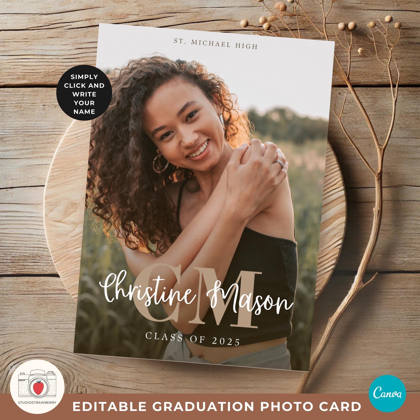 Modern graduation invitation template featuring a monogram and elegant script fonts.