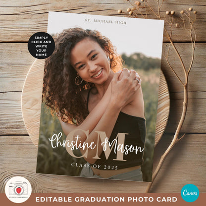Modern graduation invitation template featuring a monogram and elegant script fonts.