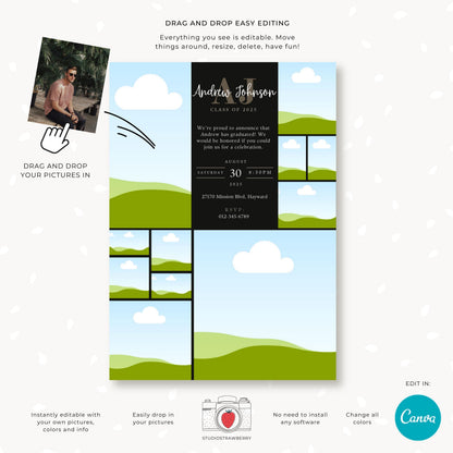 Monogram Graduation Announcement for Guys | Editable Canva Grad Card | Class of 2025 Men’s Grad Invitation with Photo Collage