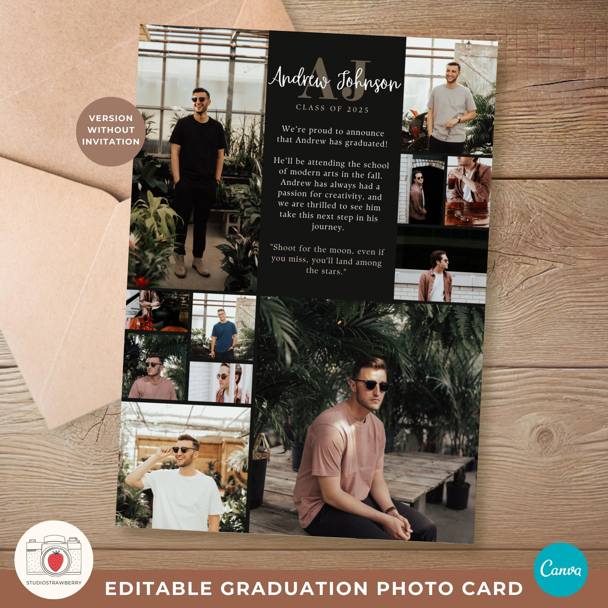 Monogram Graduation Announcement for Guys | Editable Canva Grad Card | Class of 2025 Men’s Grad Invitation with Photo Collage
