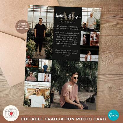 Monogram Graduation Announcement for Guys | Editable Canva Grad Card | Class of 2025 Men’s Grad Invitation with Photo Collage