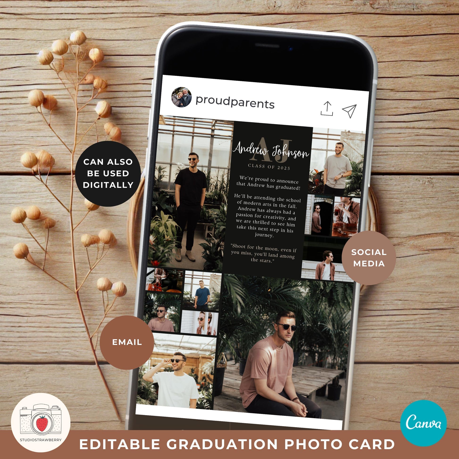 Monogram Graduation Announcement for Guys | Editable Canva Grad Card | Class of 2025 Men’s Grad Invitation with Photo Collage
