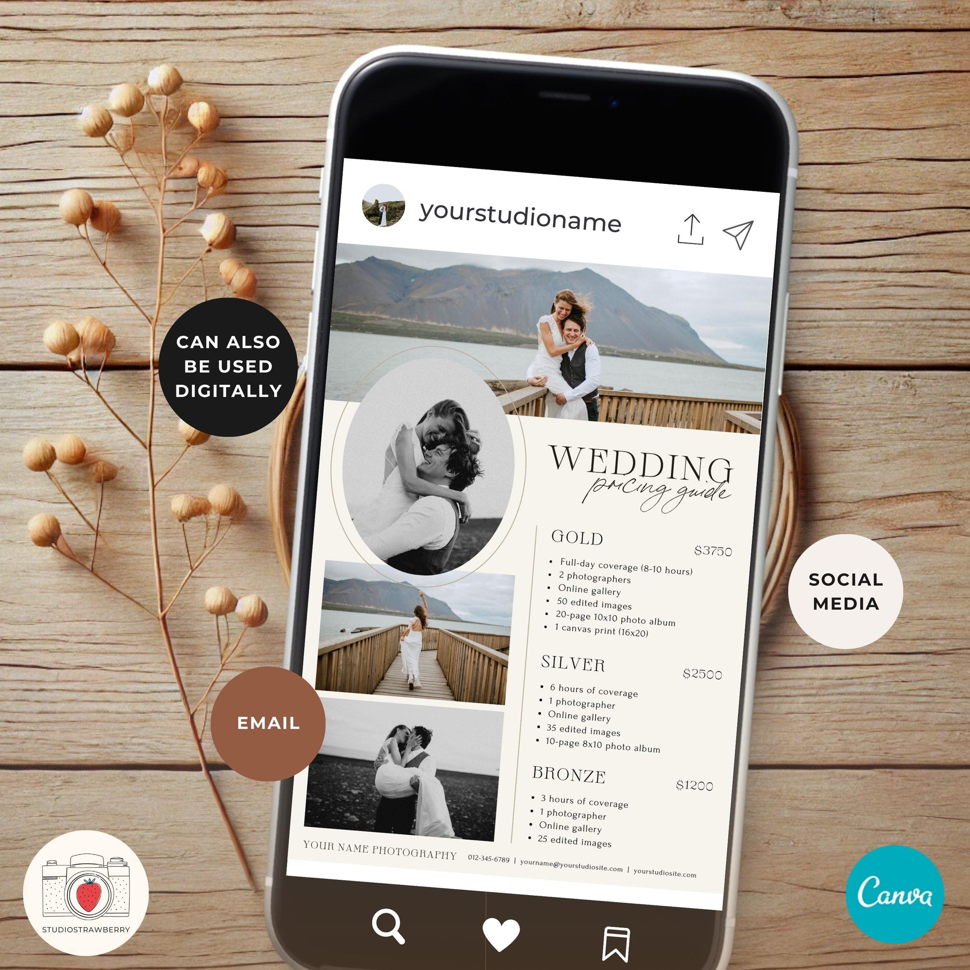 Customizable wedding photography packages guide with gold, silver, and bronze tiers.