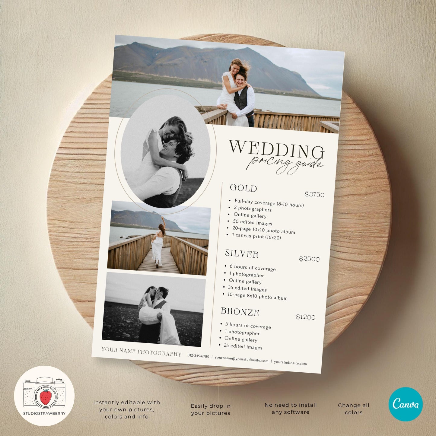 Elegant wedding photography pricing guide template with a vintage aesthetic, displayed on a smartphone screen.