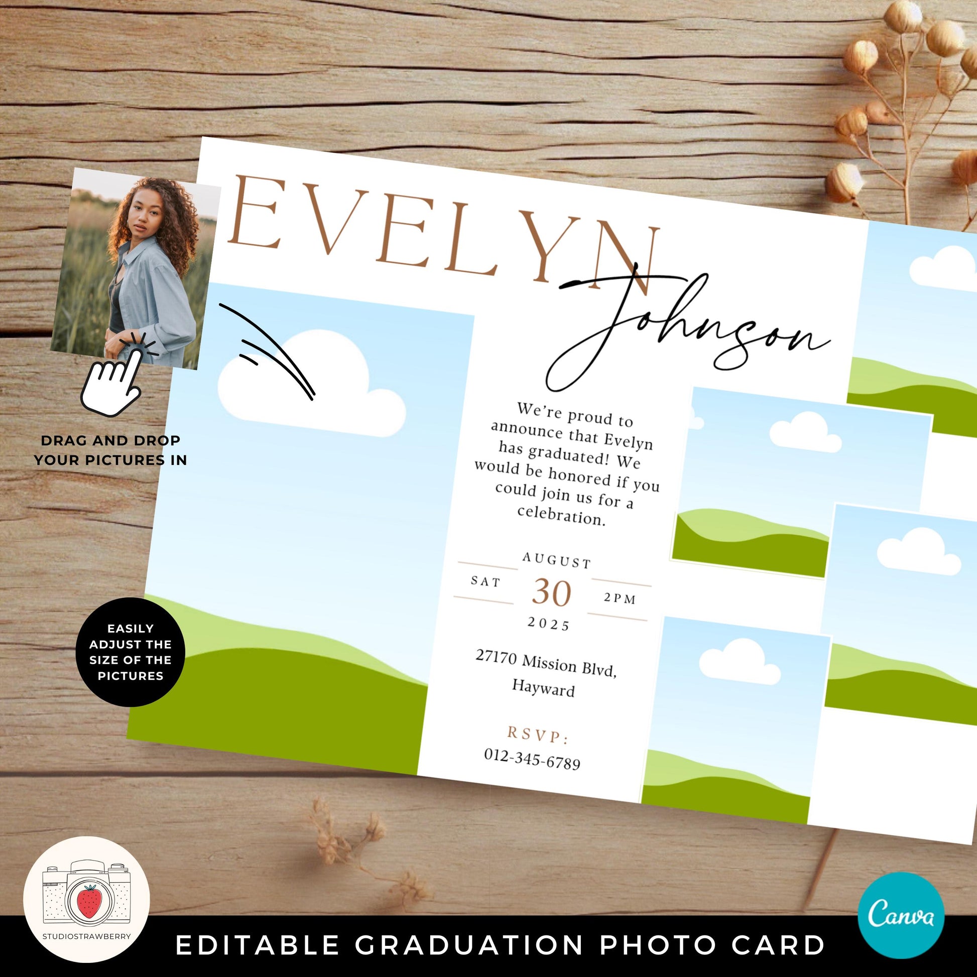 Landscape Canva graduation invitation template with a collage-style layout, allowing users to drag and drop their own images easily.