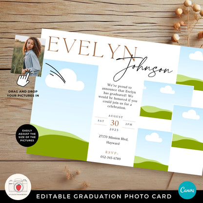 Landscape Canva graduation invitation template with a collage-style layout, allowing users to drag and drop their own images easily.