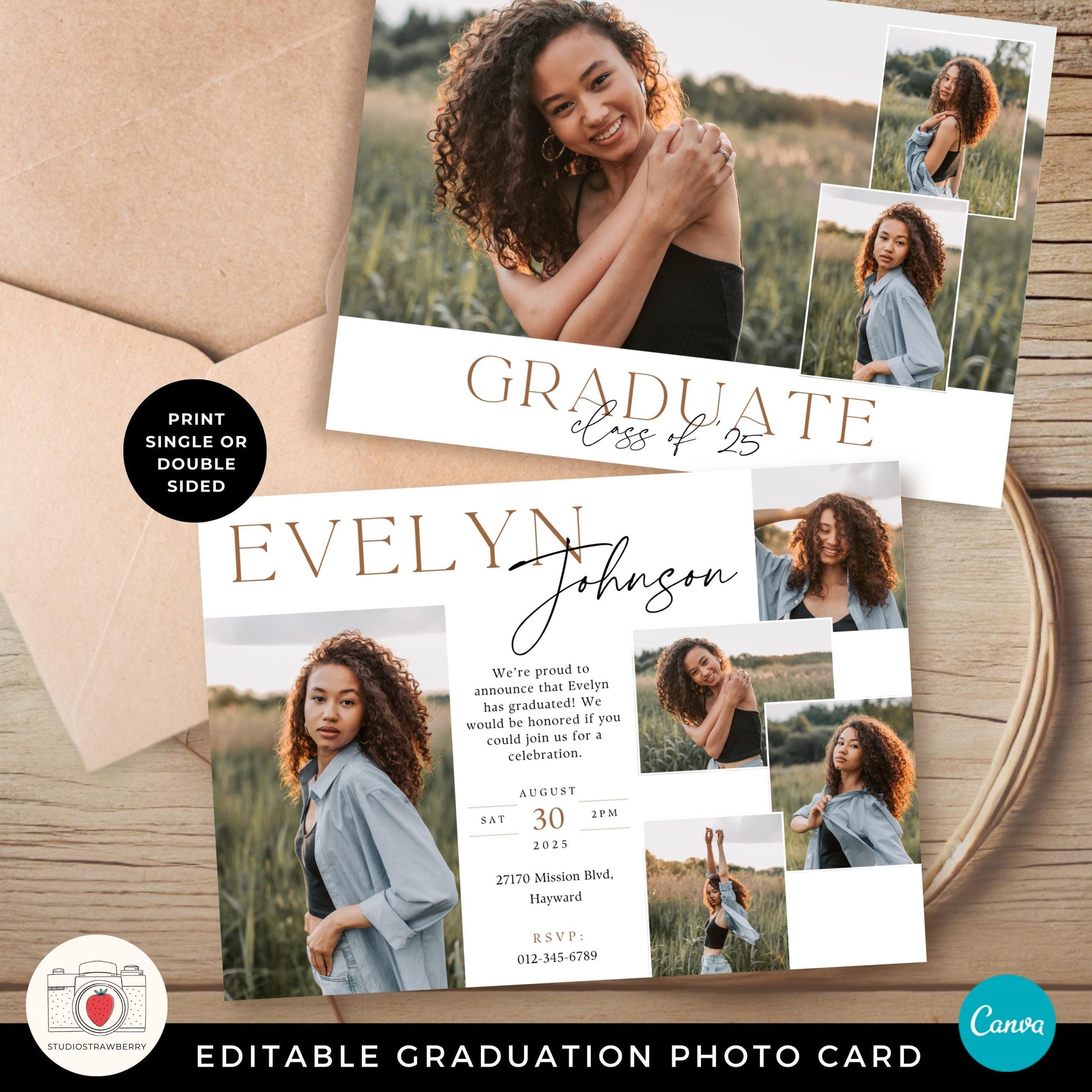 Modern horizontal graduation invitation with a sleek and timeless design, perfect for any graduate.