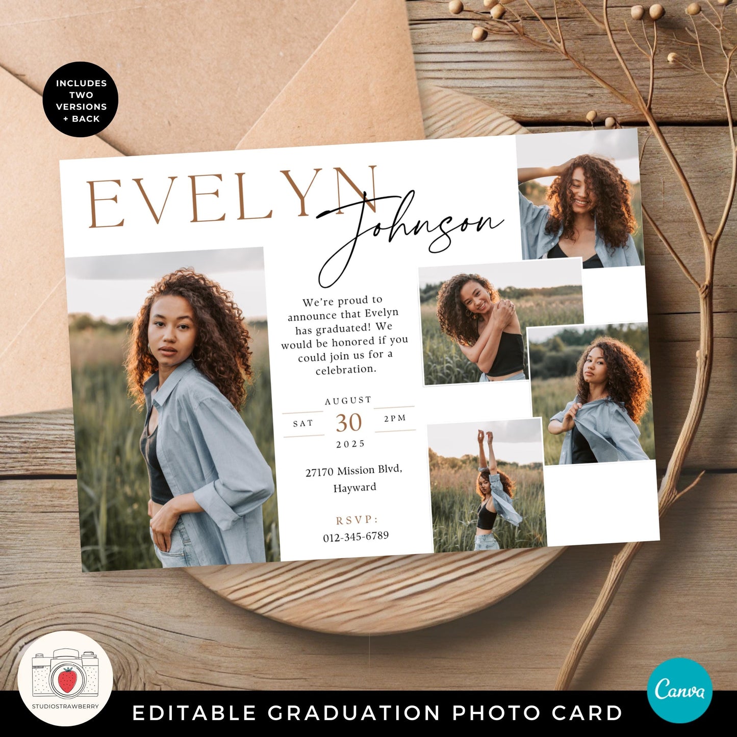 Editable graduation photo card template with a modern layout, featuring a collage of images and customizable text in Canva.