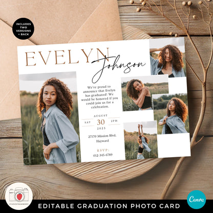 Editable graduation photo card template with a modern layout, featuring a collage of images and customizable text in Canva.