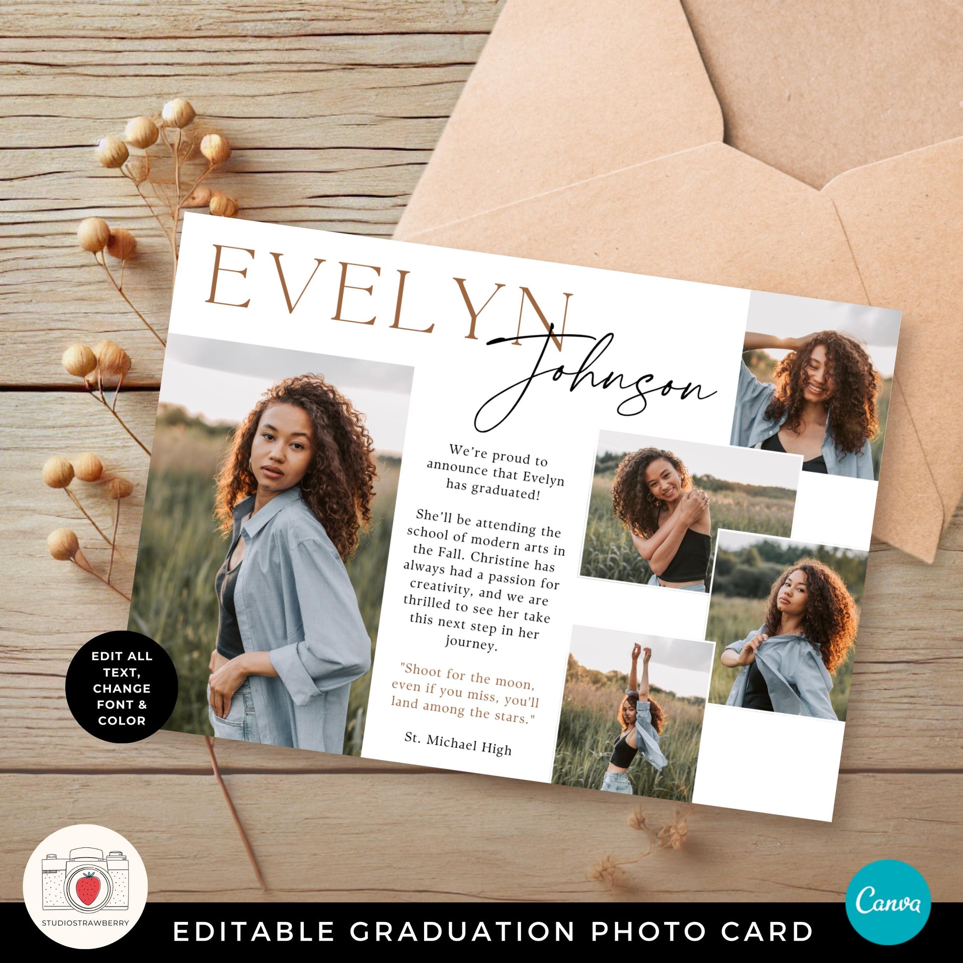 Graduation invitation template for high school or college graduates, featuring elegant typography and a clean, professional layout.