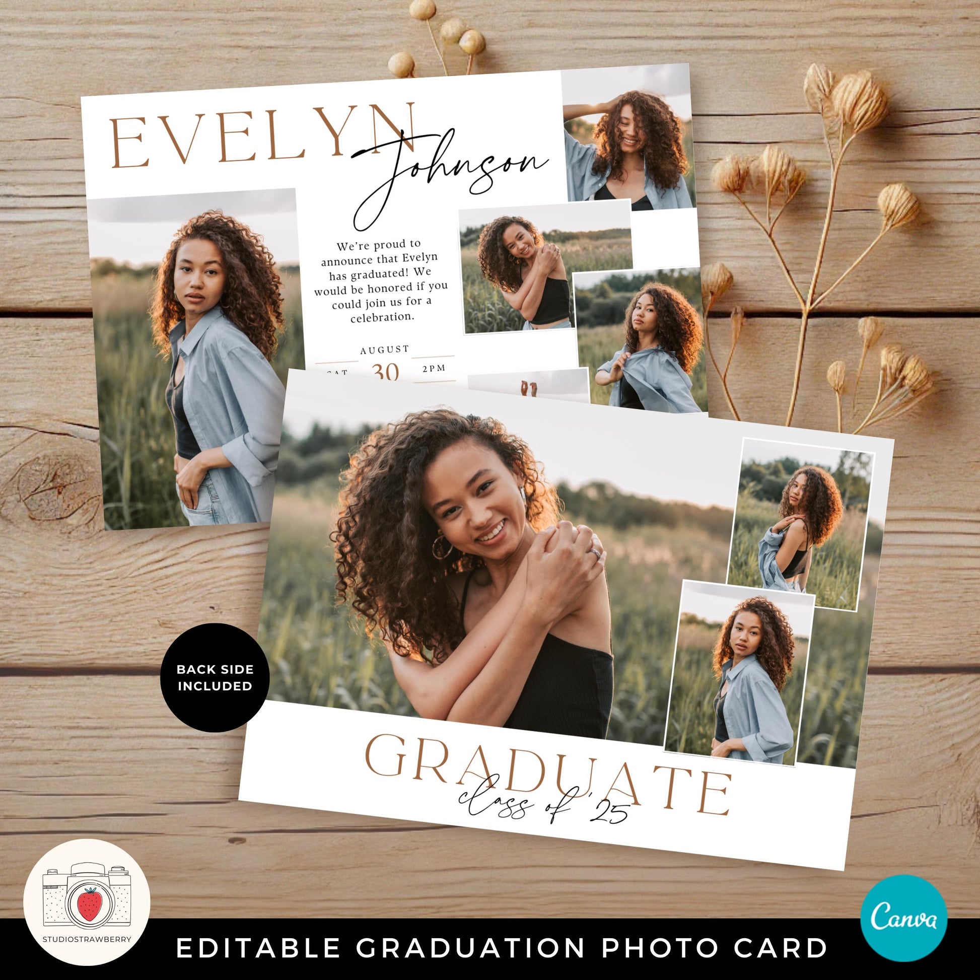 Horizontal graduation announcement template with a minimalist design, perfect for showcasing multiple grad photos.