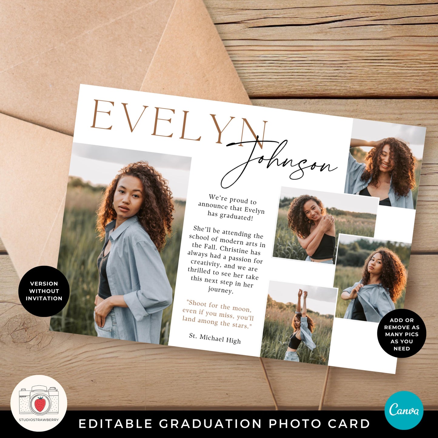 Printable graduation announcement card with customizable name, date, and RSVP details, available as an instant digital download.