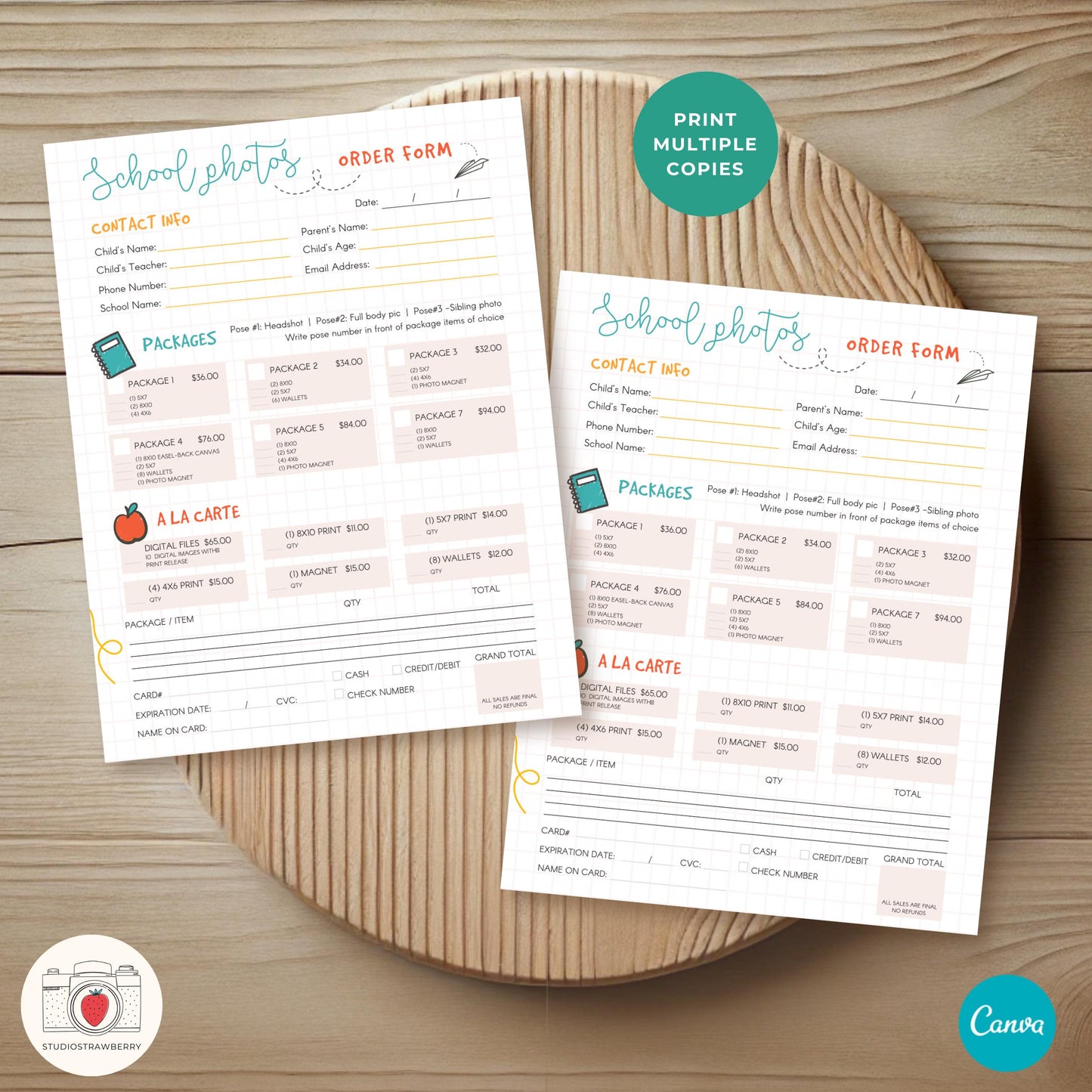 Digital school picture day order form, editable in Canva.