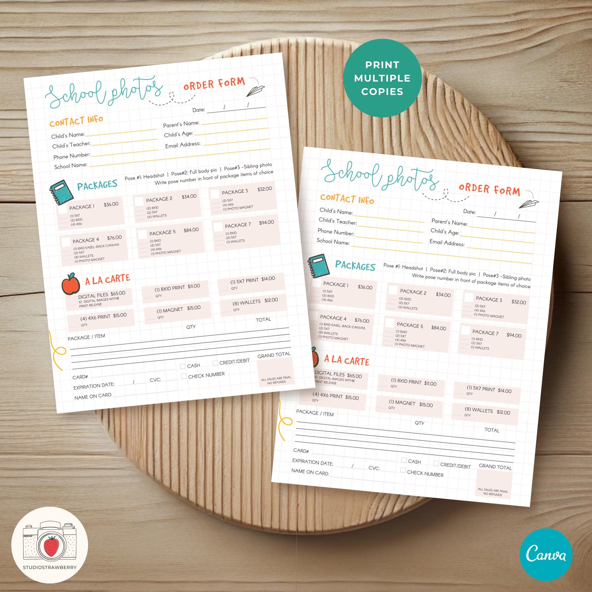 Digital school picture day order form, editable in Canva.