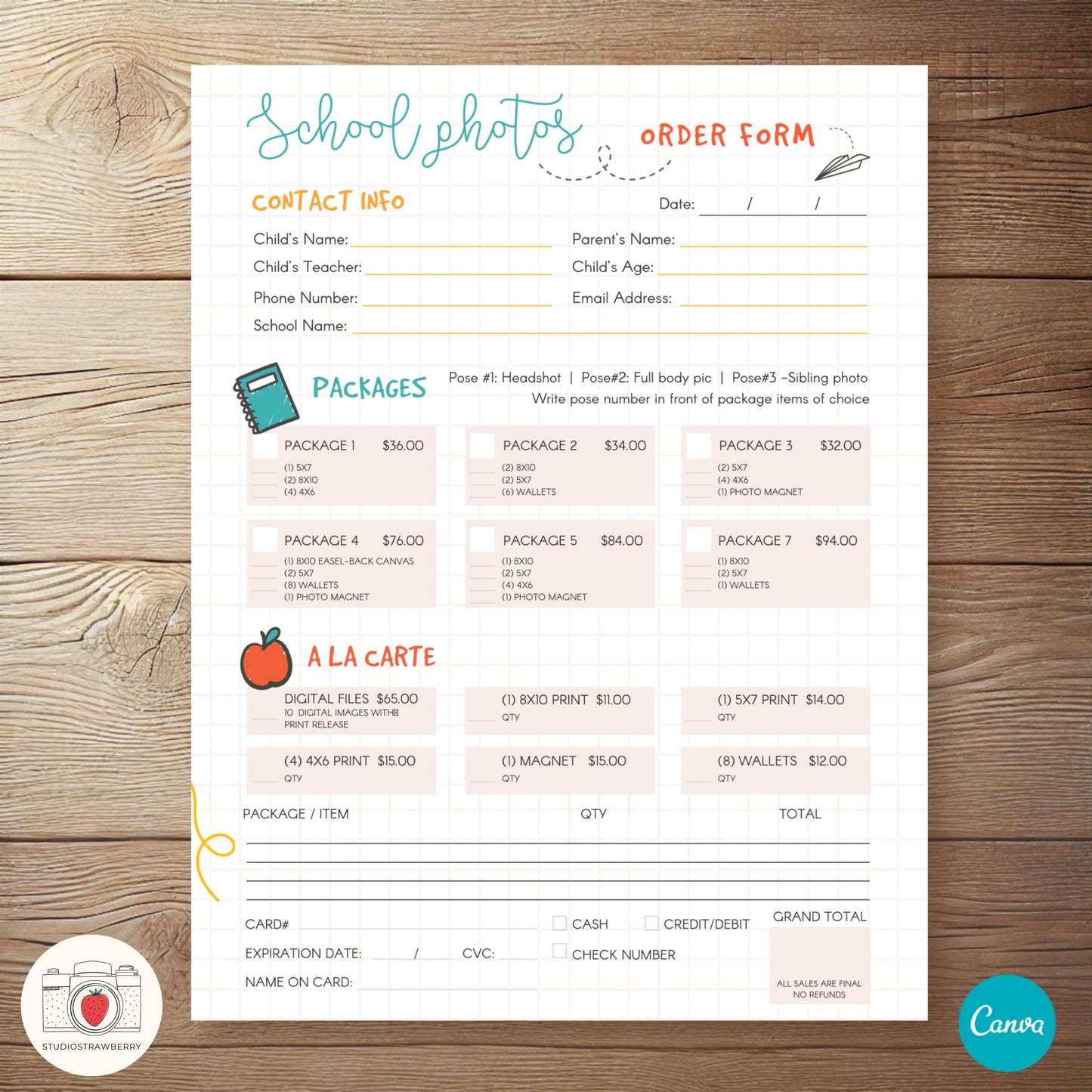 Printable school picture order form with customizable sections for contact info, pricing, and package options.