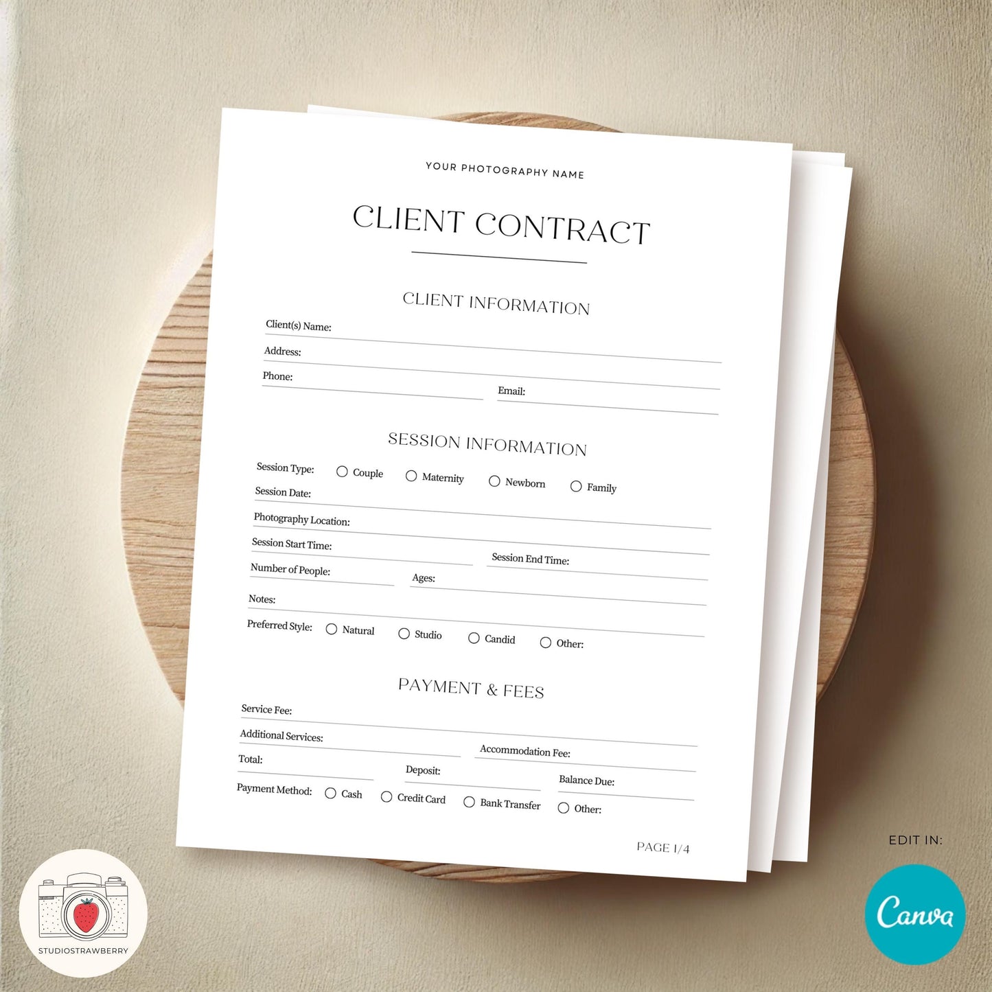 Professional client agreement form for photographers to secure bookings.