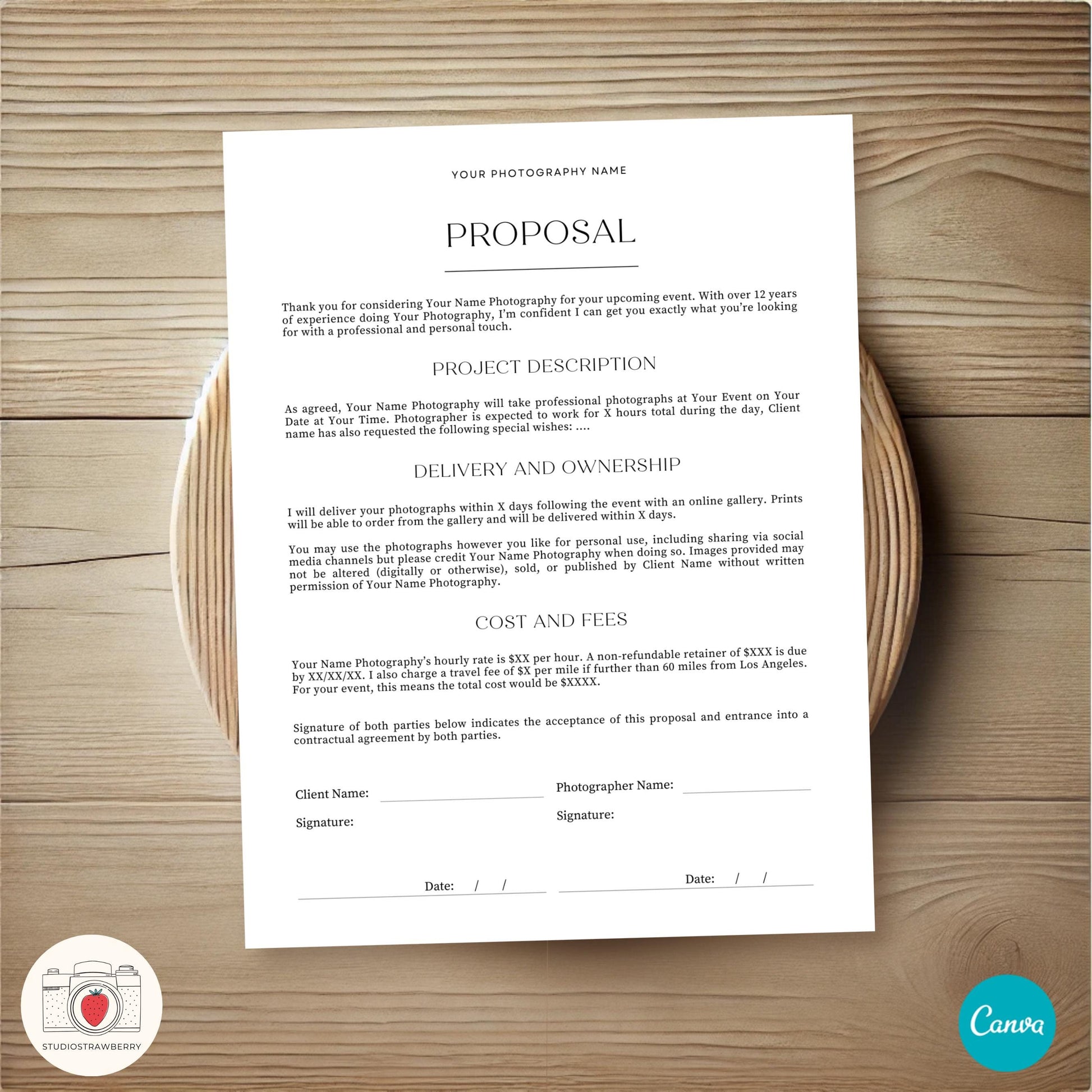 Printable photography session agreement for photographers and clients.