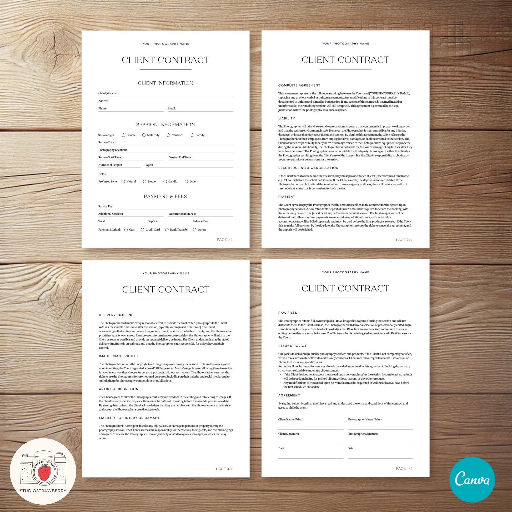 Editable photography contract template for digital or printed use.
