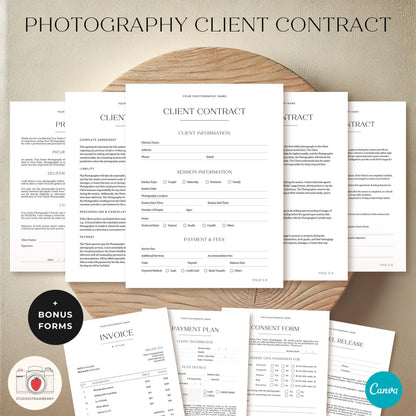 Photography client contract template, fully editable and printable for photographers.