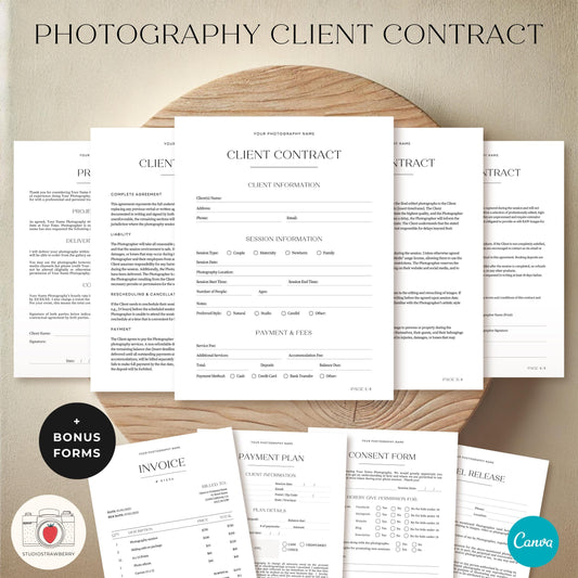 Photography client contract template, fully editable and printable for photographers.