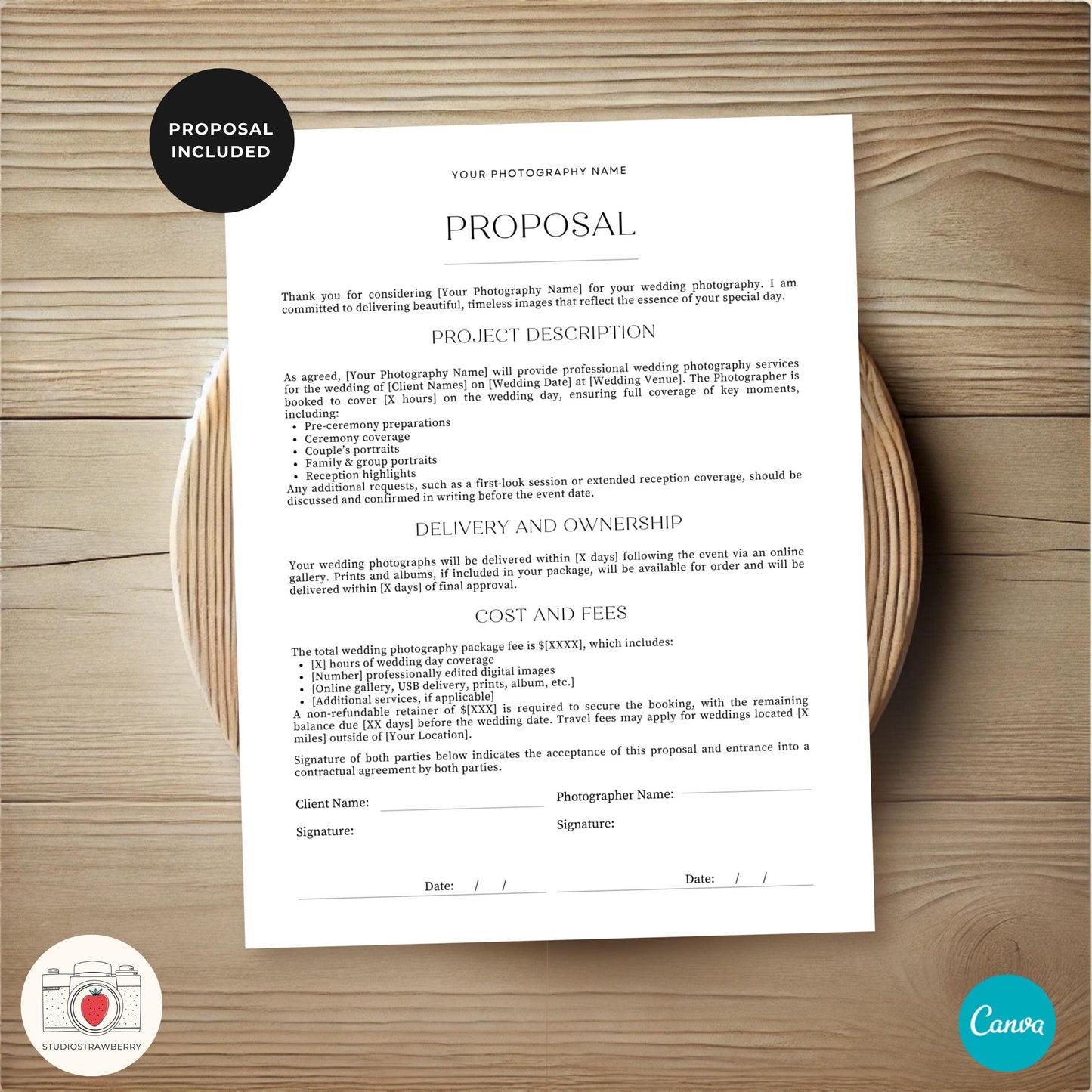Modern wedding photography agreement form with a stylish layout.
