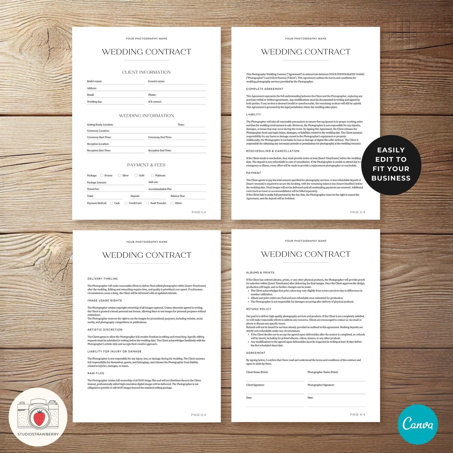 Minimalist wedding photographer contract PDF with customizable terms.