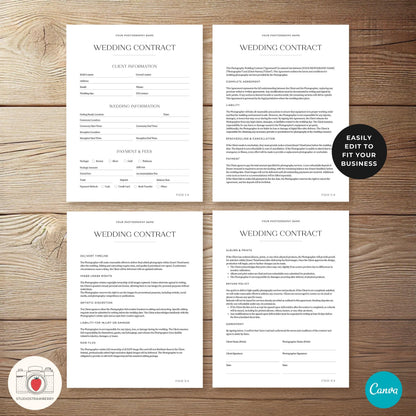 Minimalist wedding photographer contract PDF with customizable terms.