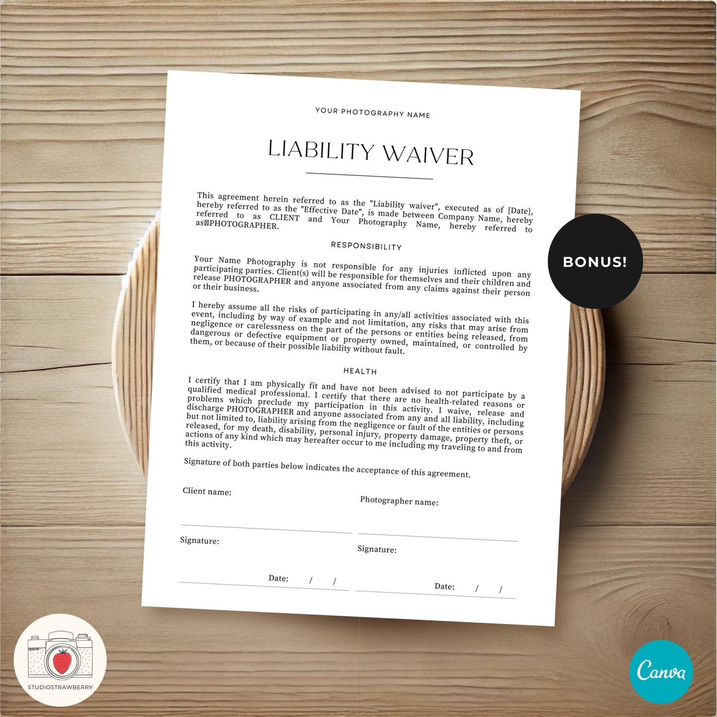 Simple and professional wedding photography contract template.