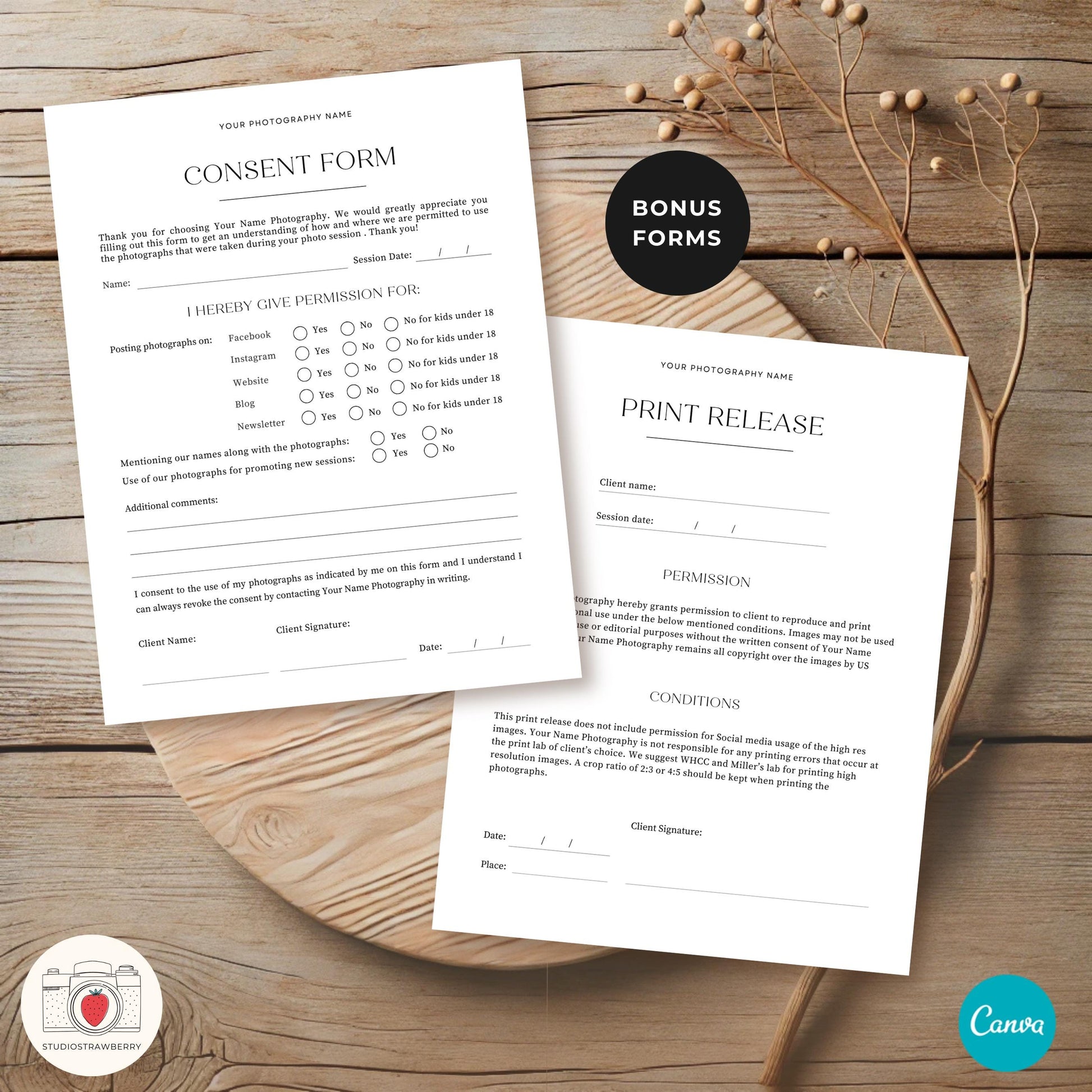 Minimal wedding client agreement form with payment and cancellation policies.