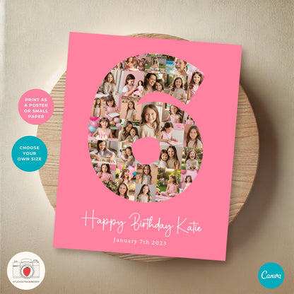 Six birthday picture collage with personal images arranged in a large number six shape.