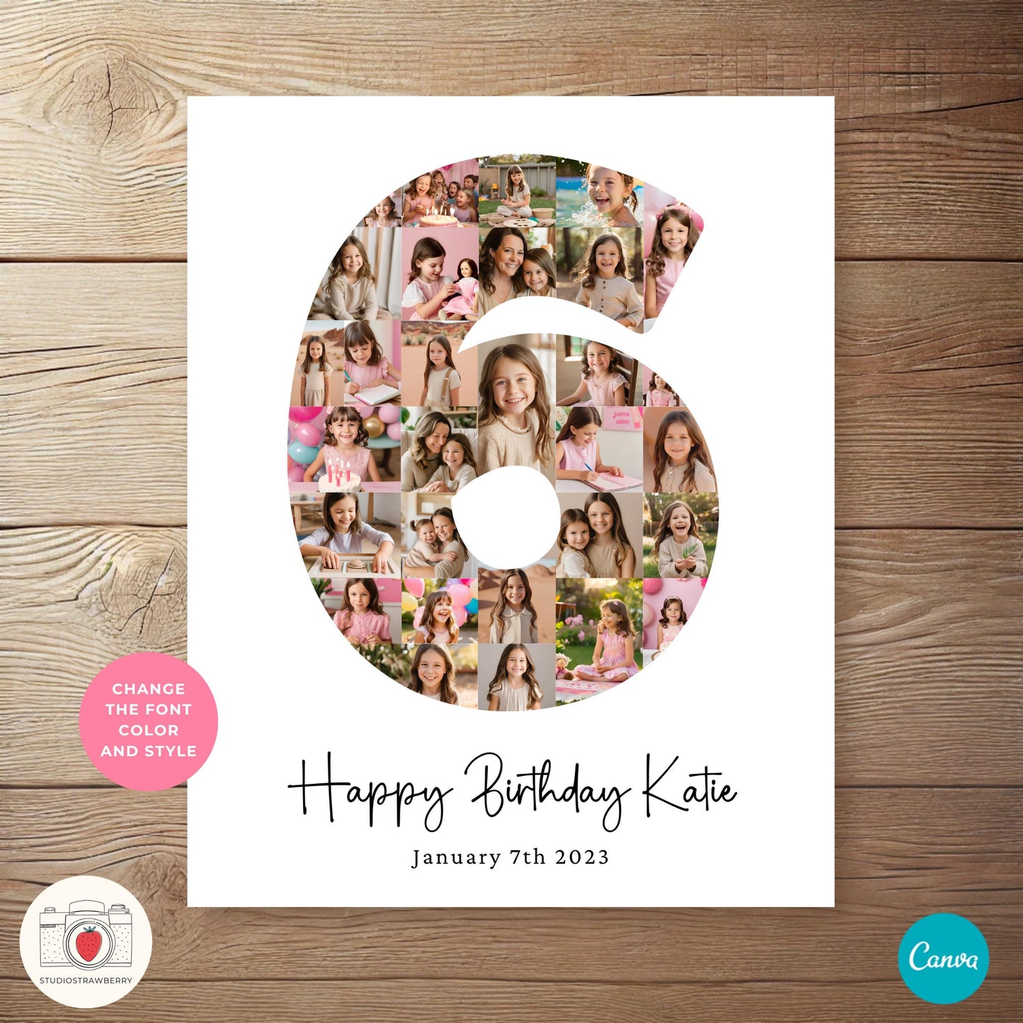 Custom number six photo poster with a birthday milestone collage for six years old.