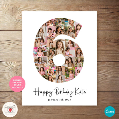 Custom number six photo poster with a birthday milestone collage for six years old.