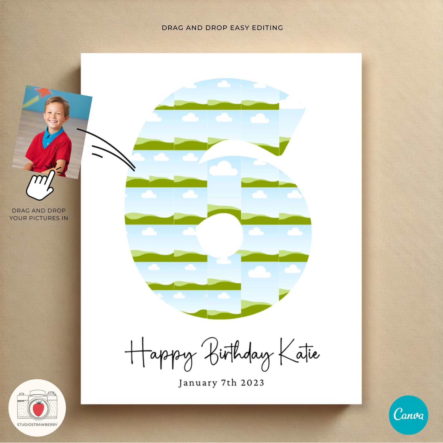 Printable number six photo collage, perfect for celebrating a 6-year-old’s special moments.