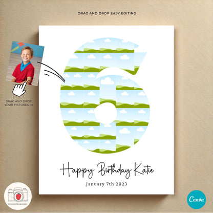 Printable number six photo collage, perfect for celebrating a 6-year-old’s special moments.