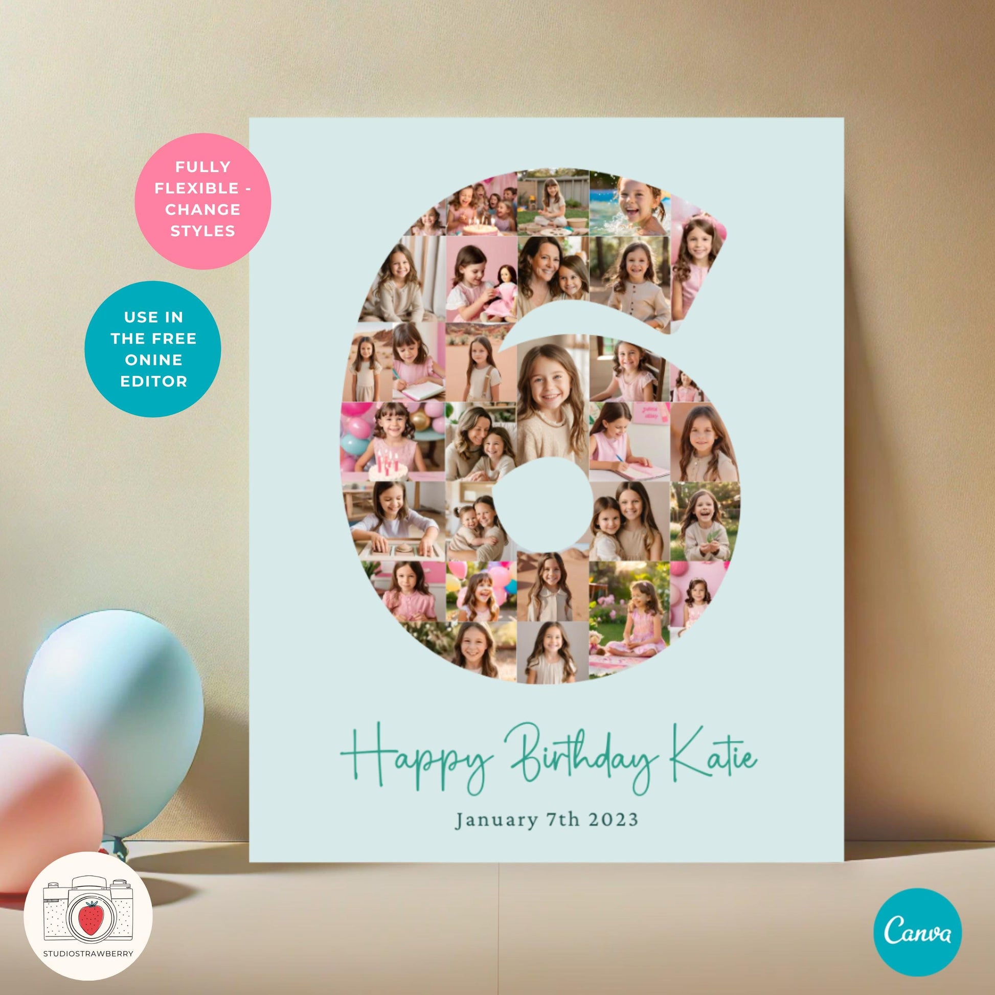 Age six birthday photo template for creating a personalized digital or printed birthday decor.