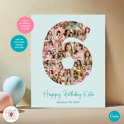 Age six birthday photo template for creating a personalized digital or printed birthday decor.