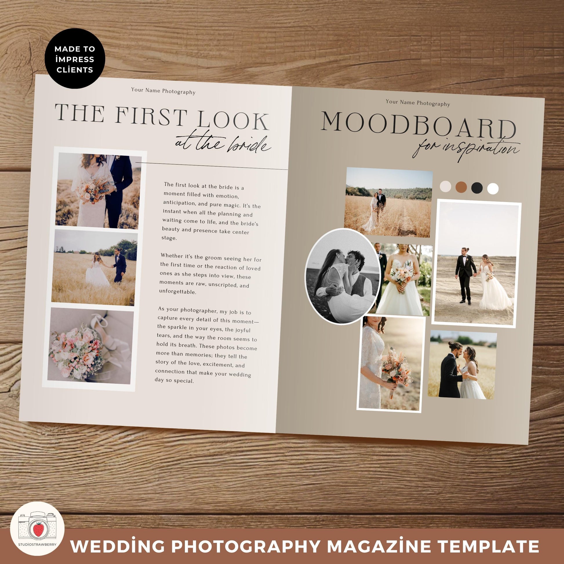 Vintage-inspired moodboard and client guide layout for weddings