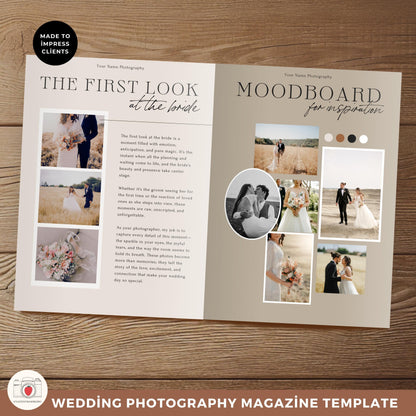 Vintage-inspired moodboard and client guide layout for weddings