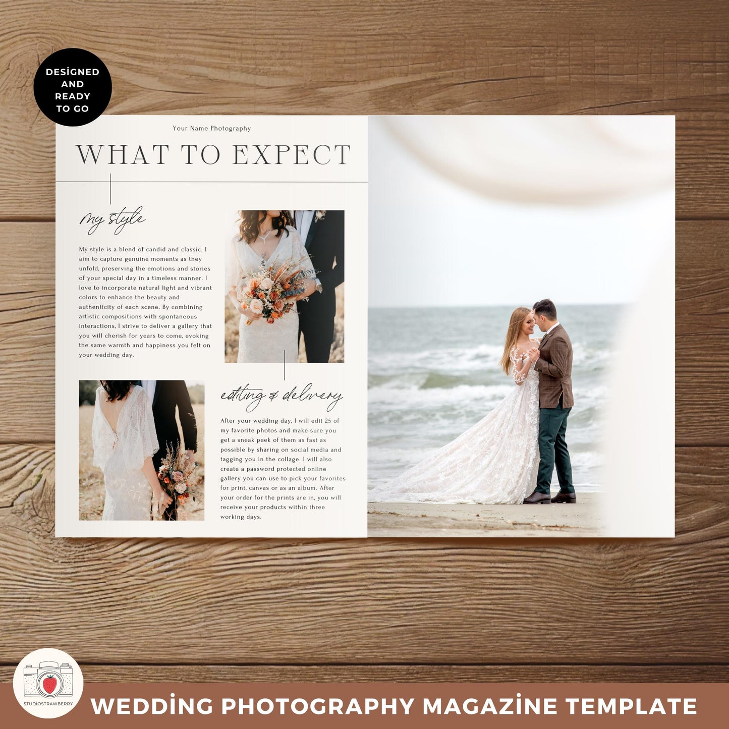 Inside spread of wedding client magazine Canva template with modern layout
