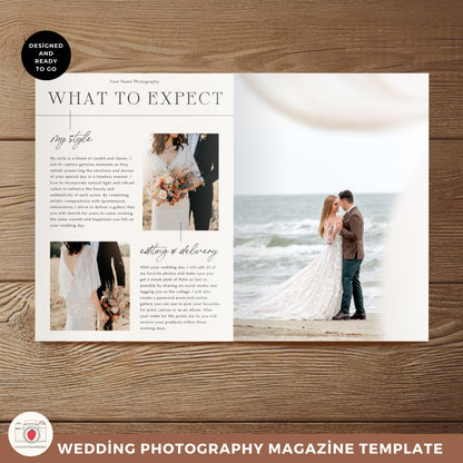 Inside spread of wedding client magazine Canva template with modern layout