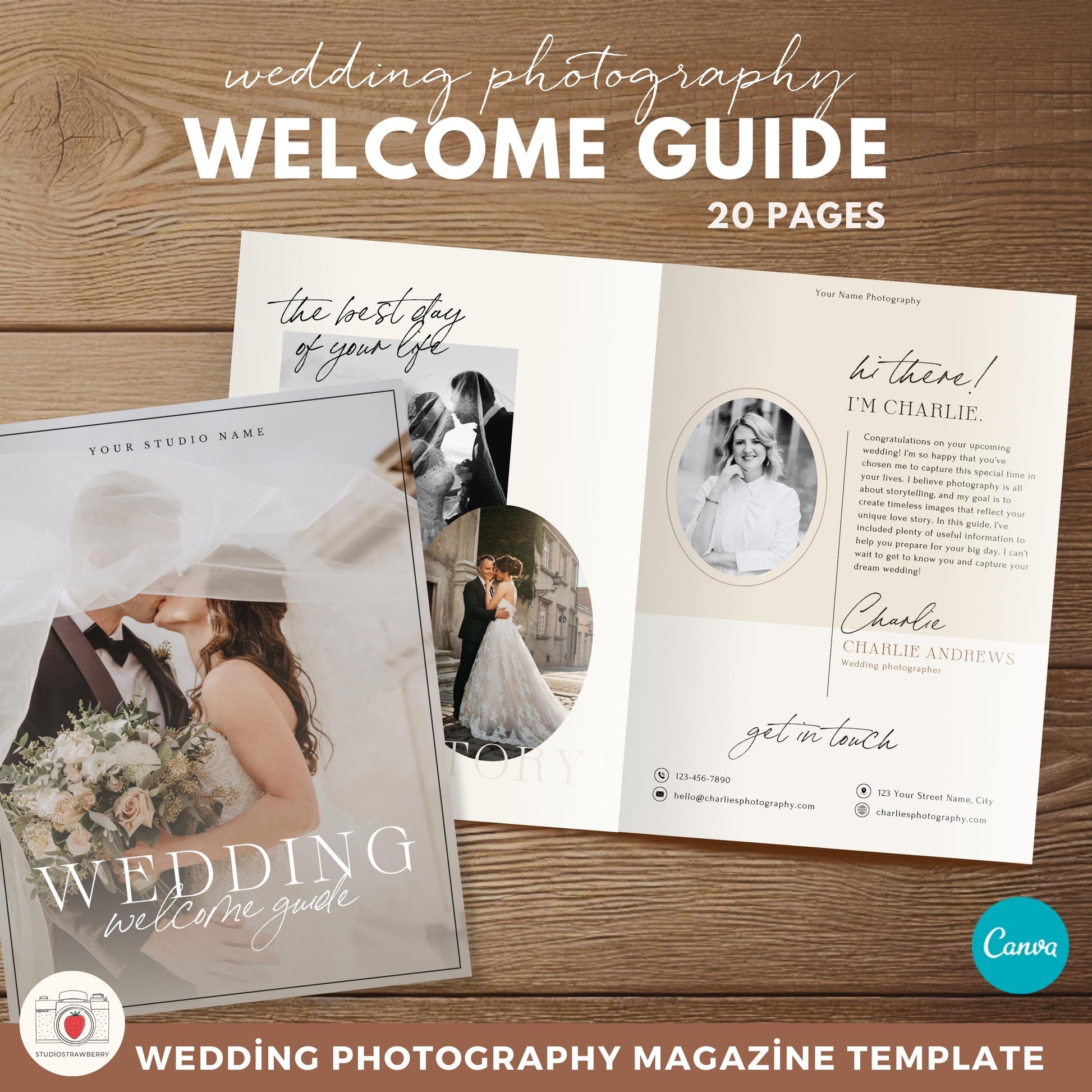Vintage wedding photography welcome guide Canva template cover preview