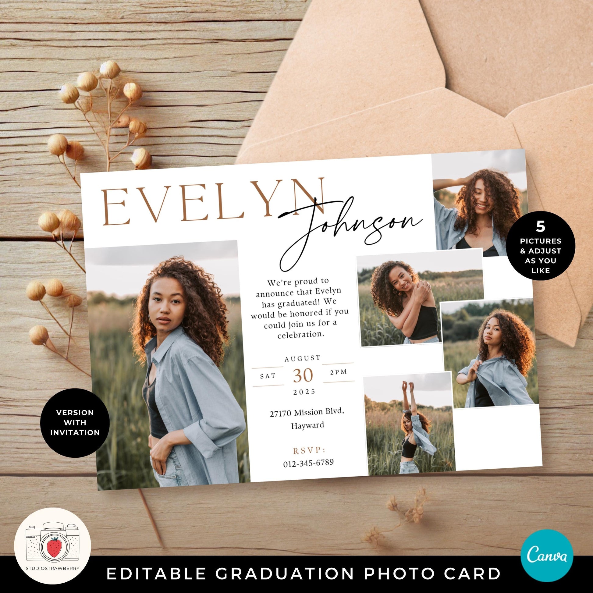 Customizable Class of 2025 grad card featuring multiple photo slots and editable text for a personal touch.
