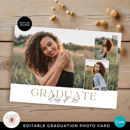Landscape graduation celebration card with space for five photos, ideal for a personalized and stylish grad party invite.