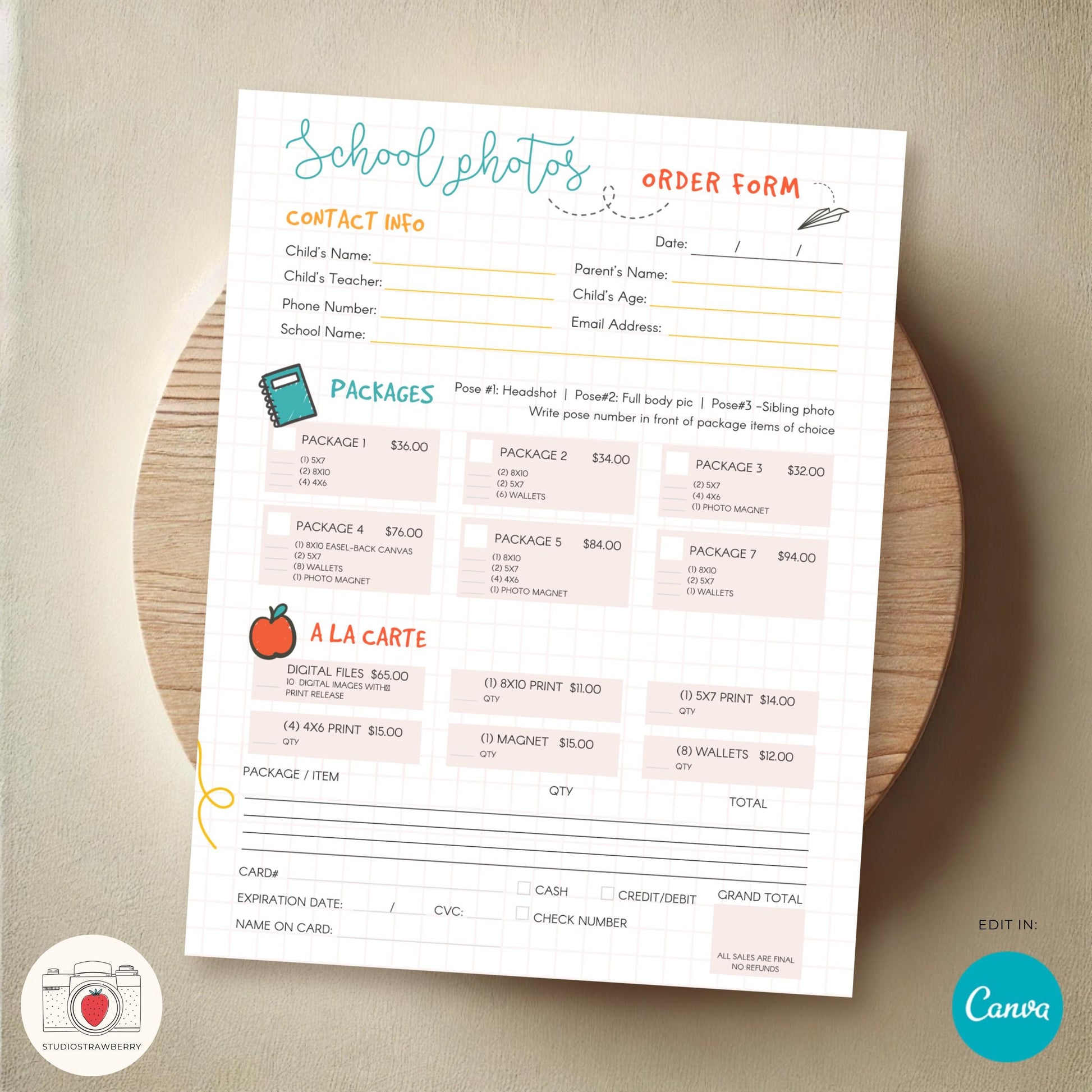 Editable school photo order form template displayed on a wooden surface.