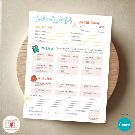 Editable school photo order form template displayed on a wooden surface.