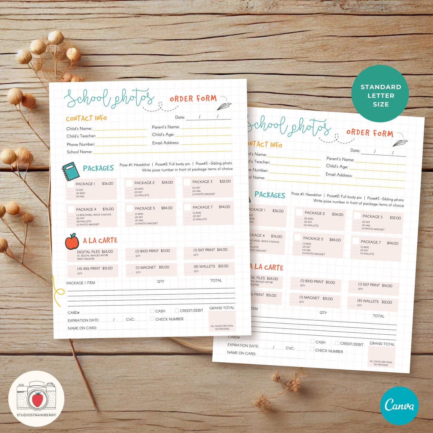 Canva school photography pricing template with customizable packages and a la carte options.