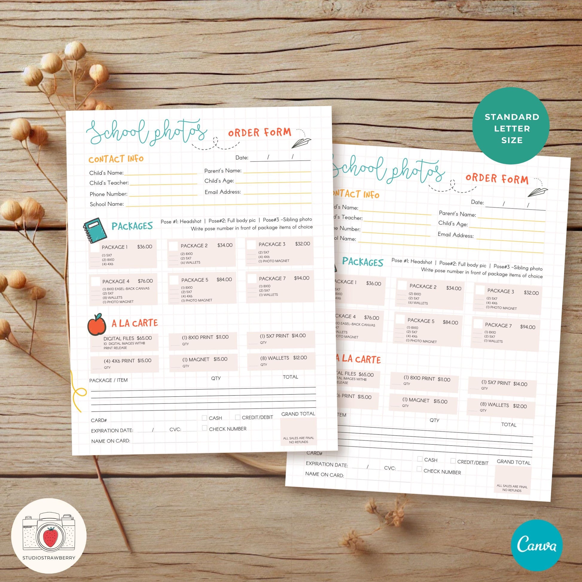 Canva school photography pricing template with customizable packages and a la carte options.