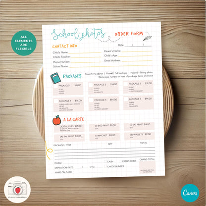 School photography order form template with a clean and organized design.