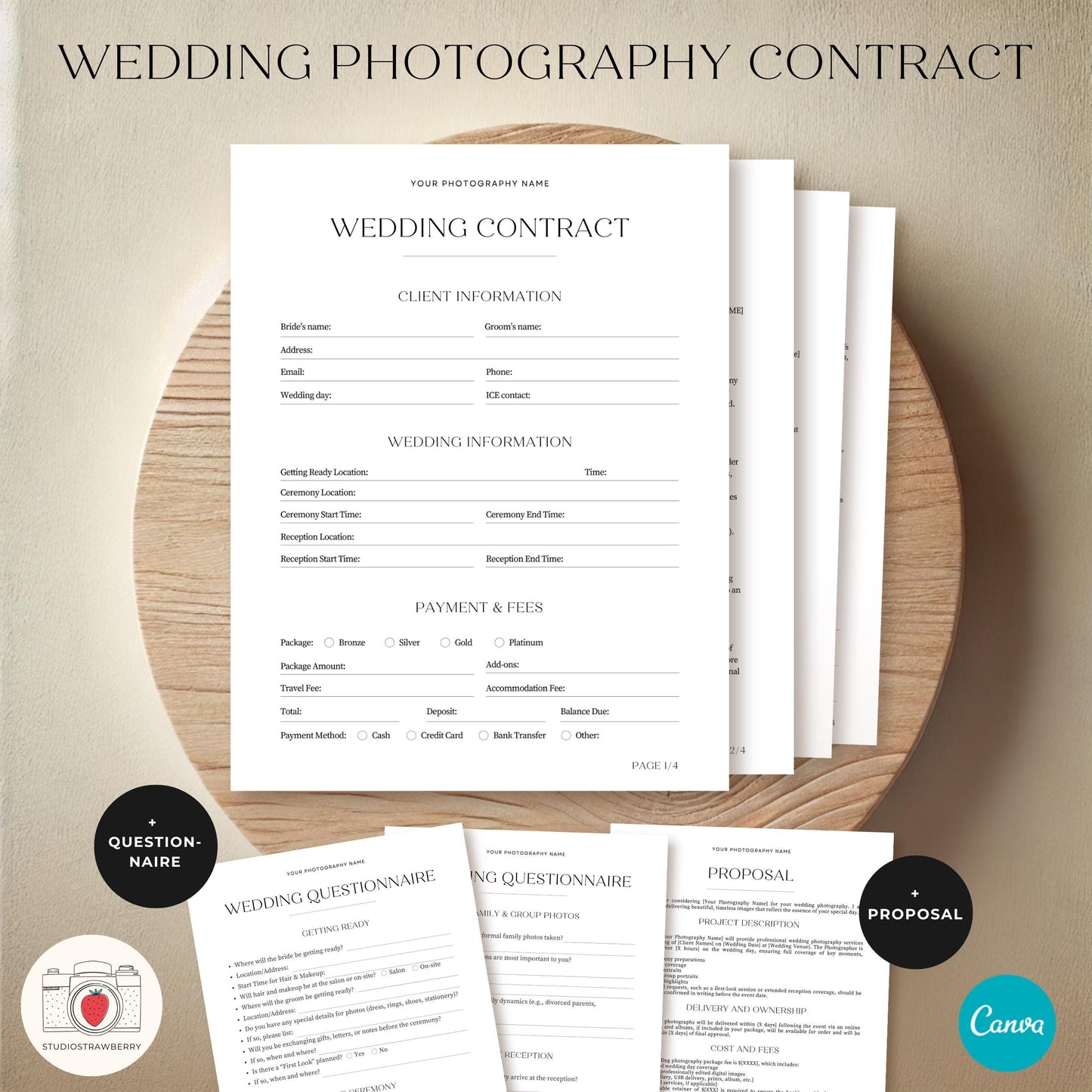 Minimal wedding photography contract template with a clean, modern design.